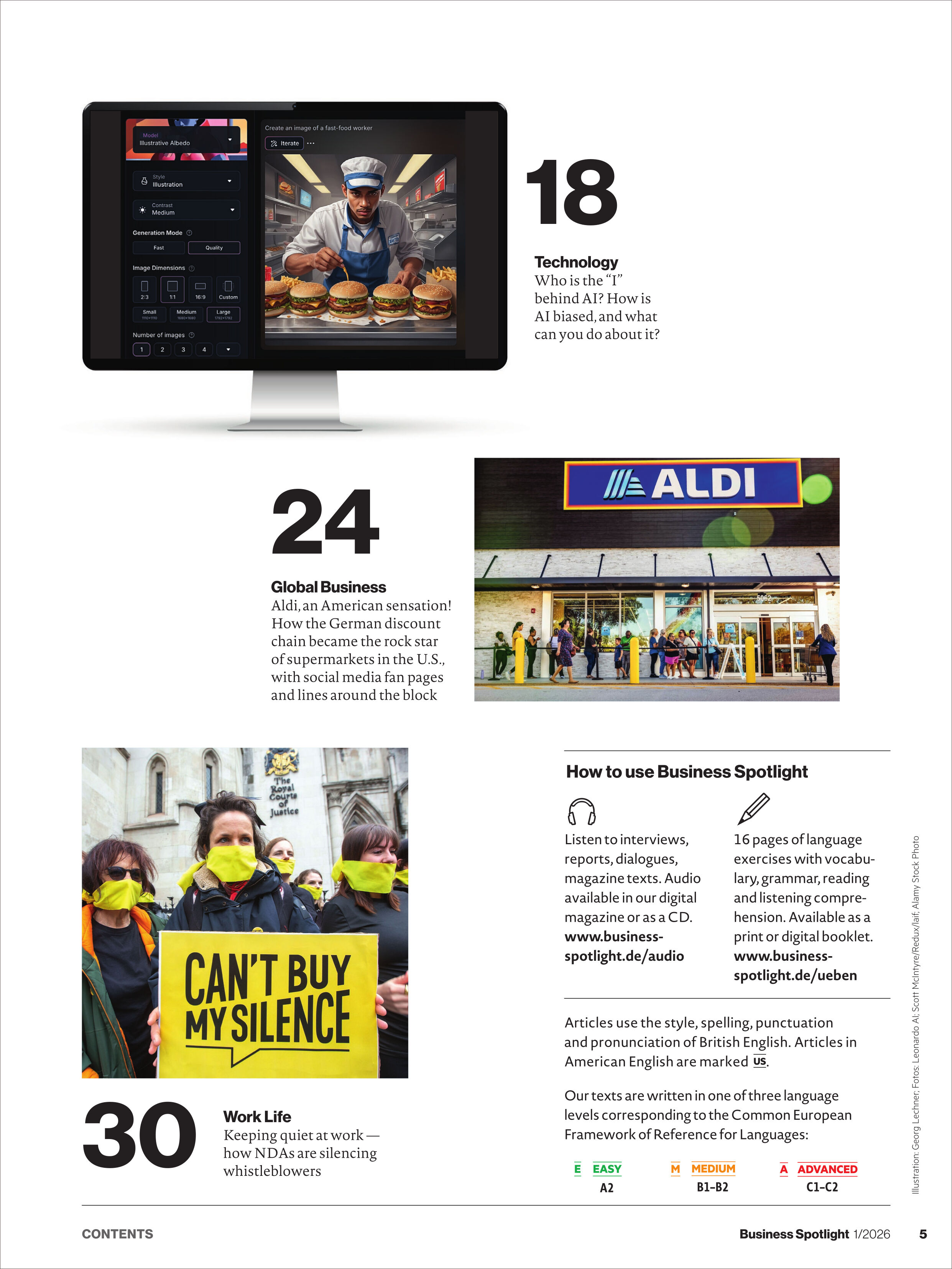 Die Magazinseite zeigt einen PC-Monitor mit Burgern und Mitarbeitern, ein ALDI-Geschäft von außen, eine Demonstration mit dem gelben Schild „Can't Buy My Silence“ und einen Infotext zur Nutzung des Business Spotlight Magazins. Dominiert von weißen Flächen, Farbakzenten und klaren Strukturen.