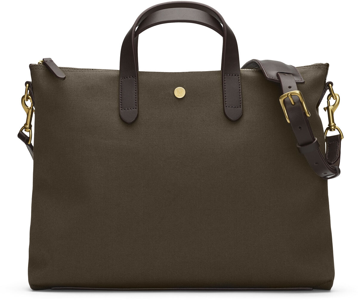 Braune Laptop-Tasche »BRIEF« mit Ledergriffen, verstellbarem Schultergurt und goldfarbenen Beschlägen.