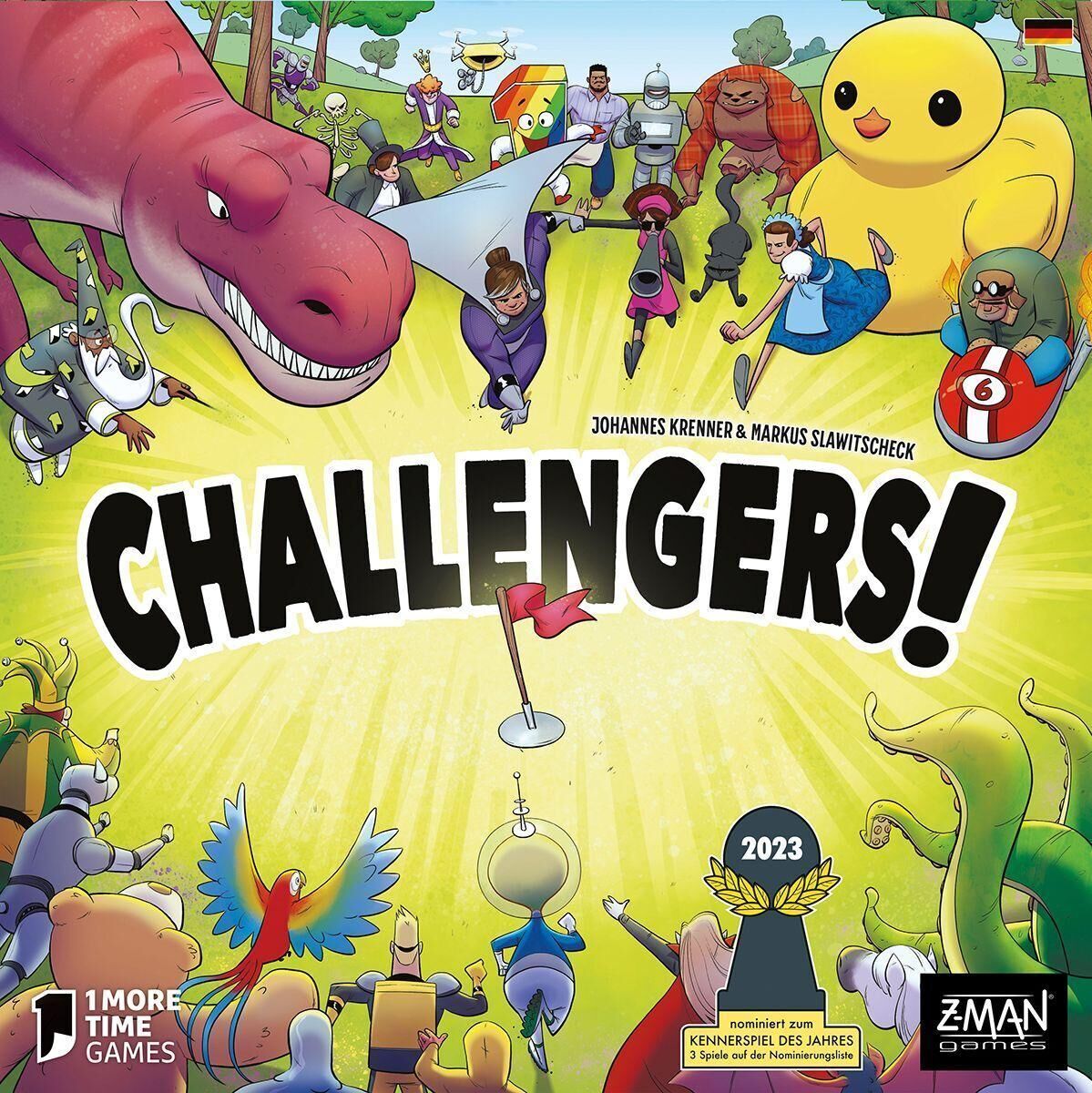 Das Bild zeigt die Box des Brettspiels 'Challengers!'. Es trägt den Titel 'Kennerspiel des Jahres'. Auf der Box sind verschiedene bunte und lustige Charaktere abgebildet, darunter ein riesiger roter Dinosaurier, ein gelbes Entchen, und mehrere Fantasy-Gestalten. Die Hintergrundfarben sind hell und lebendig.