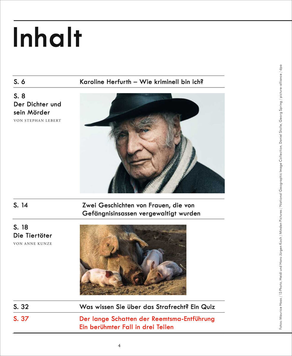 Ein Magazin mit dem Titel 'ZEIT Verbrechen 2/18'. Das Inhaltsverzeichnis listet verschiedene Artikel, einschließlich eines Porträts eines alten Mannes, drückende Geschichten über Gewalt an Frauen und eine Abhandlung über Tierquälerei sowie ein Quiz über Strafrecht. Die Farben im Bild sind überwiegend Schwarz, Weiß, Rot, Blau und Beige.