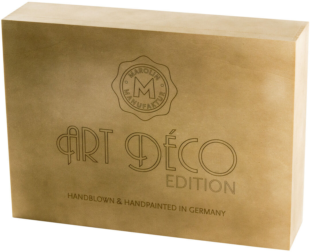 Set Christbaumkugeln, bestehend aus 10 handgefertigten und handbemalten Kugeln aus Deutschland, verpackt in einer goldfarbenen Box mit der Aufschrift 'Art Déco Edition'.