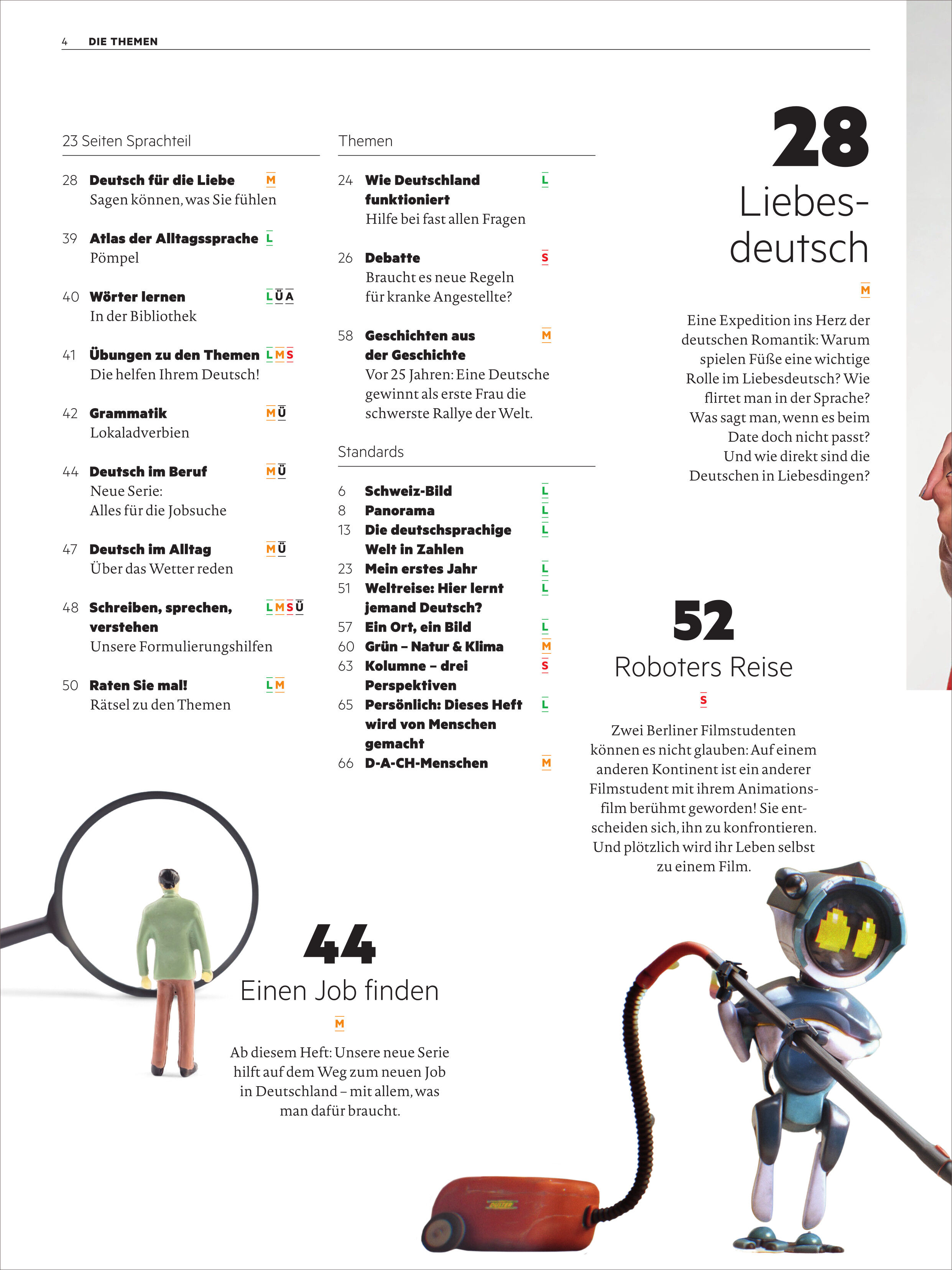 Detailreiche Magazinseite mit Themenübersicht: Auf weißem Grund stehen in mehreren Spalten die Themen, Seitenzahlen sowie Schwierigkeitsstufen verzeichnet. Rechts große, markante Seitennummern (28, 44, 52) und Titel wie "Liebesdeutsch" und "Roboters Reise". Unten rechts eine gezeichnete Roboterfigur mit Staubsauger.