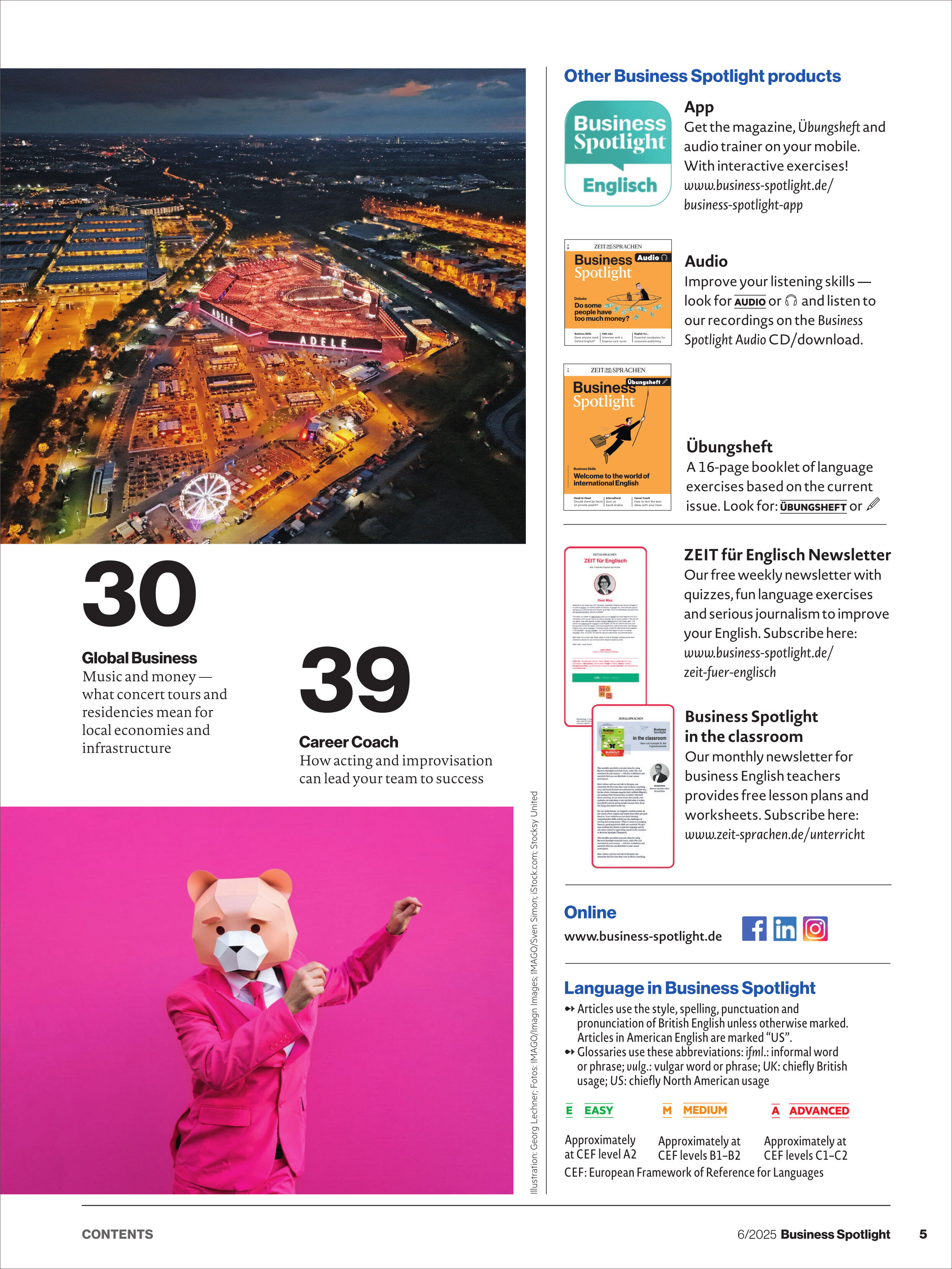 Abbildung des Business Spotlight Magazins 6/2025 mit einem Titelbild. Enthält Artikel über Global Business und Karriere-Coaching, mit einem Bild einer Person in einem auffälligen pinken Anzug mit einem Teddybär-Kopf.