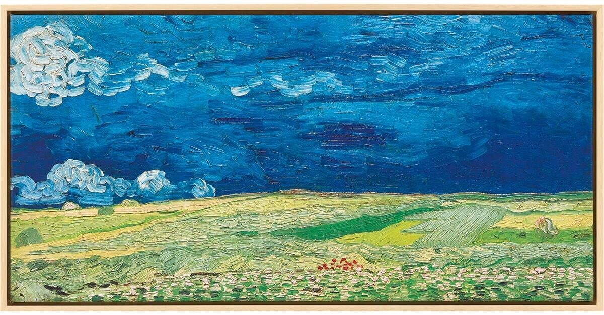 Das Bild 'Kornfeld bei Gewitterstimmung' von Vincent van Gogh aus dem Jahr 1890 zeigt eine Landschaft mit einem Kornfeld und einem dramatischen, bewölkten Himmel. Die dominierenden Farben sind Blau, Grün und Gelb.