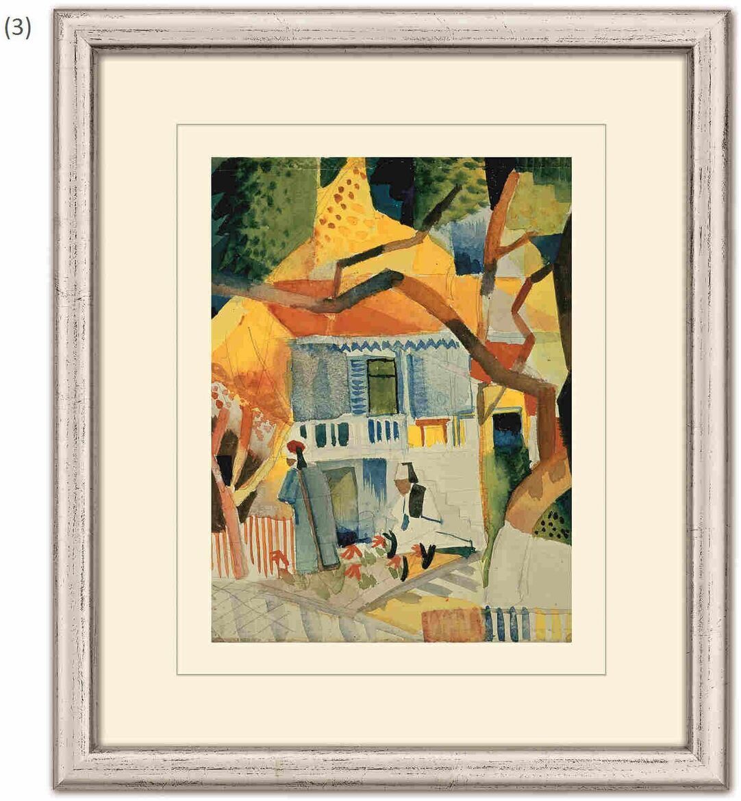 Ein Gemälde von August Macke zeigt ein expressionistisches Kunstwerk mit leuchtenden Farben wie Blau, Gelb, Grün, Braun und Rot. Das Bild ist in einem cremefarbenen Rahmen und zeigt eine abstrakte, farbenfrohe Szene mit Figuren und einem Gebäude im Hintergrund.