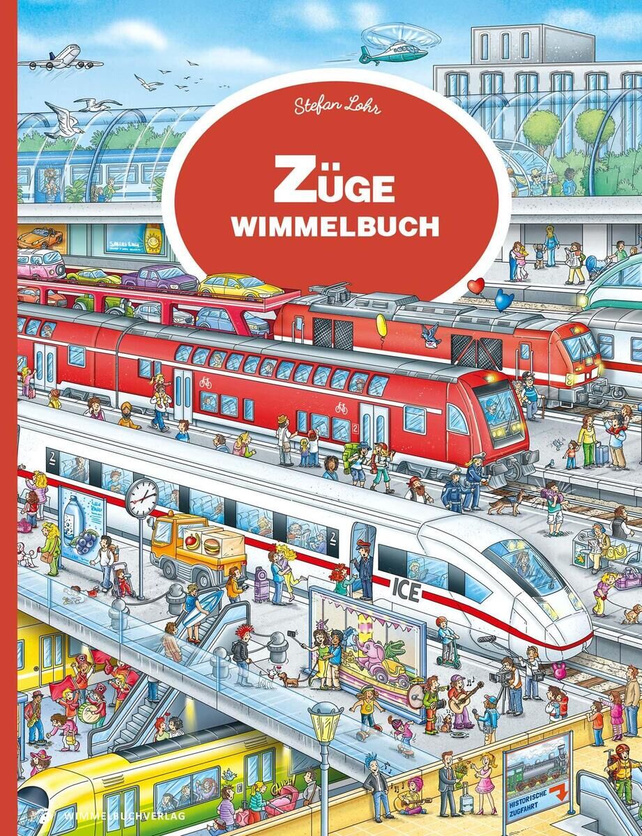 Illustration eines belebten Bahnhofs aus dem Wimmelbuch 'Züge Wimmelbuch'. Mehrere Züge, darunter ein roter und ein weißer ICE, sind zu sehen. Viele Menschen tummeln sich auf den Bahnsteigen und in den Zügen. Im Hintergrund befinden sich Gebäude und ein gläserner Übergang.