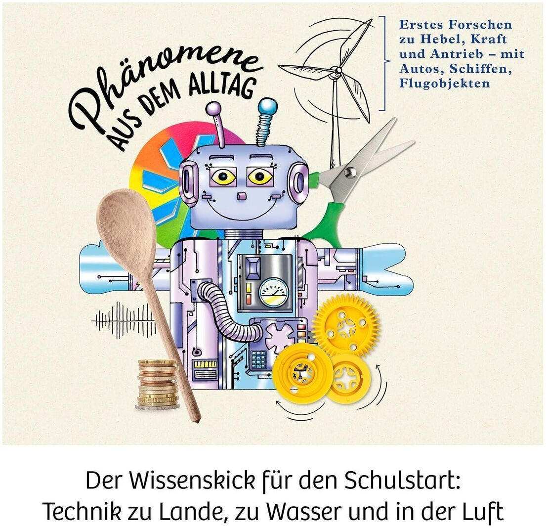 Experimentierkasten für Kinder mit dem Titel 'Mein erster Experimentierkasten Technik'. Enthält Illustrationen eines Roboters, einer Windmühle, einer Schere, einer Holzkelle, Knöpfen und anderen technischen Objekten. Text auf dem Kasten beschreibt die Erforschung von täglichen Phänomenen sowie Hebel, Kraft und Antrieb durch Autos, Schiffe und Flugobjekte.