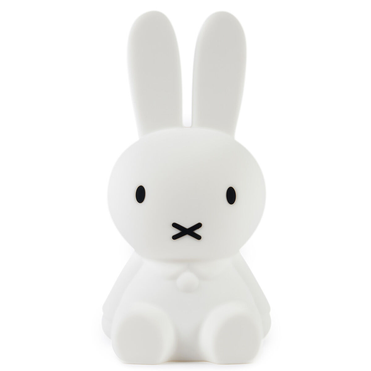 Eine weiße Nachtlampe in Form eines Hasen namens Miffy, mit schwarzen Augen und einem schwarzen X-förmigen Mund. Geeignet für Kinderzimmer und als Beruhigungslicht.
