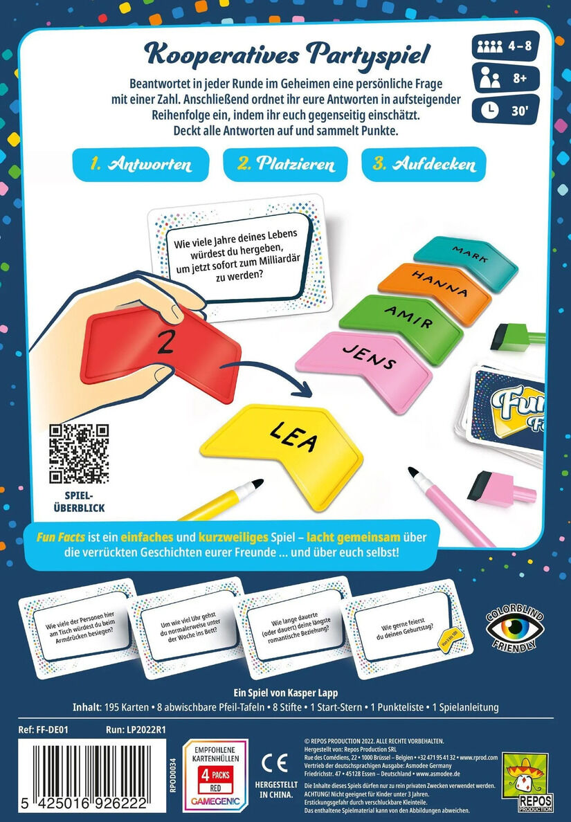 Rückseite der Verpackung eines kooperativen Partyspiels namens 'Fun Facts'. Das Bild zeigt die Spielanleitung, Karten in verschiedenen Farben, Platz für Namen sowie eine Spielübersicht. Altersempfehlung: 8+. Anzahl der Spieler: 4-8. Spieldauer: 30 Minuten.