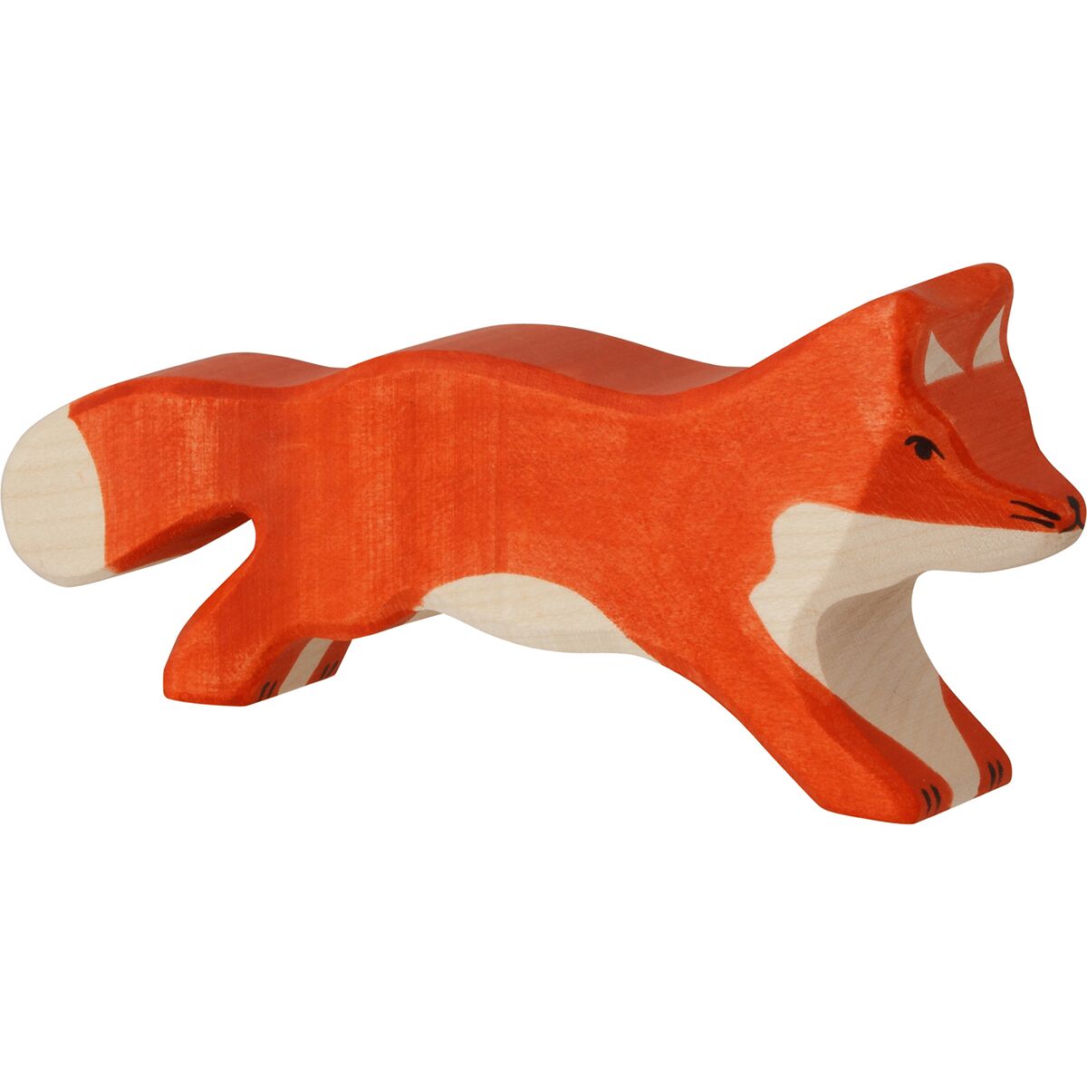 Abgebildet ist eine handgefertigte Holzfigur eines Fuchses aus dem Großen Waldtiere-Set. Die Figur ist in Orange und Weiß bemalt, mit schwarzen Details an Auge und Nase. Geeignet für Kinder zum kreativen Spielen oder als Dekoration.