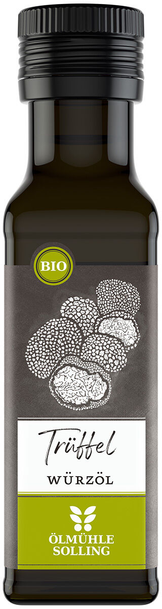 Eine 100-ml-Flasche BIO Trüffel Würzöl von Ölmühle Solling. Das Etikett zeigt eine gezeichnete Trüffelknolle, darunter der Produktname sowie ein grünes Feld mit Herstellerlogo. Die Flasche ist dunkel und mit schwarzem Schraubverschluss versehen.