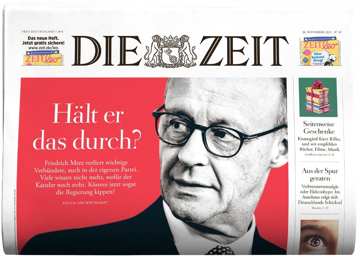 Titelblatt der Wochenzeitung DIE ZEIT Ausgabe 49/2025 mit großem Porträt eines älteren Mannes mit Brille und Anzug. Im roten Kasten der Haupttitel: "Hält er das durch?". Diverse Textfelder und Artikelhinweise in bunten Kästen. Oben das klassische DIE ZEIT-Logo mit Wappen.