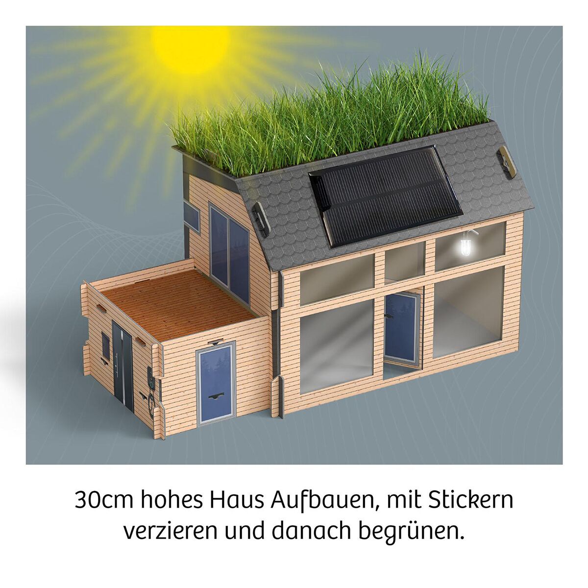 Das Bild zeigt ein Modellhaus mit einem begrünten Dach und großen Fenstern, das aus nachhaltigen Materialien besteht. Das Dach verfügt über ein Solarpanel, rund um das Haus wachsen grüne Pflanzen. Die Sonne scheint auf das Gebäude. Die Szene illustriert ein pädagogisches Bastelset, das ökologische Themen vermittelt.