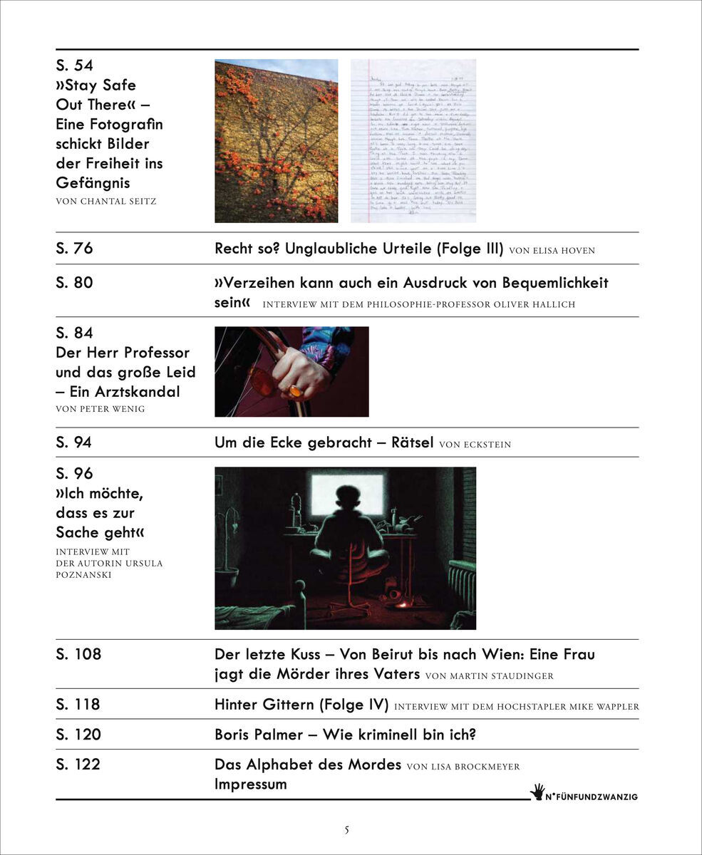 Eine Seite des Magazins ZEIT VERBRECHEN 25/24 zeigt verschiedene Artikel und Interviews über Kriminalfälle, Rechtsfragen und philosophische Aspekte. Die Seite ist in einem klaren Layout gestaltet, mit Text und Bildern, die die Inhalte unterstützen.