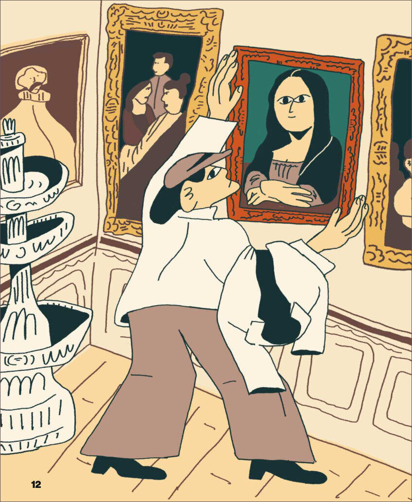 Illustration aus ZEIT LEO 1/22 zeigt eine Person vor einem Gemälde, das an die Mona Lisa erinnert. Die Szene spielt in einem Raum voller Portraitbilder und einer alten Wasserfontäne. Die Farben sind überwiegend beige, braun und grün.