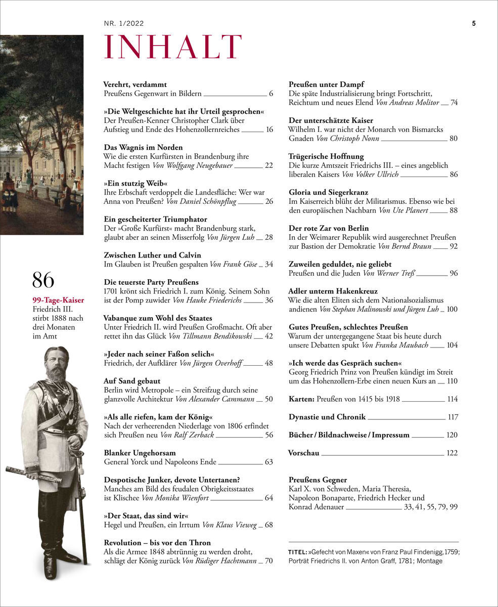 Das Cover der Zeitschrift ZEIT GESCHICHTE 1/22 mit dem Thema Preußen. Enthält eine Inhaltstabelle mit mehreren Artikeltiteln und Seitenzahlen. Abgebildet ist ein Soldat in historischer Uniform und ein historisches Gemälde.