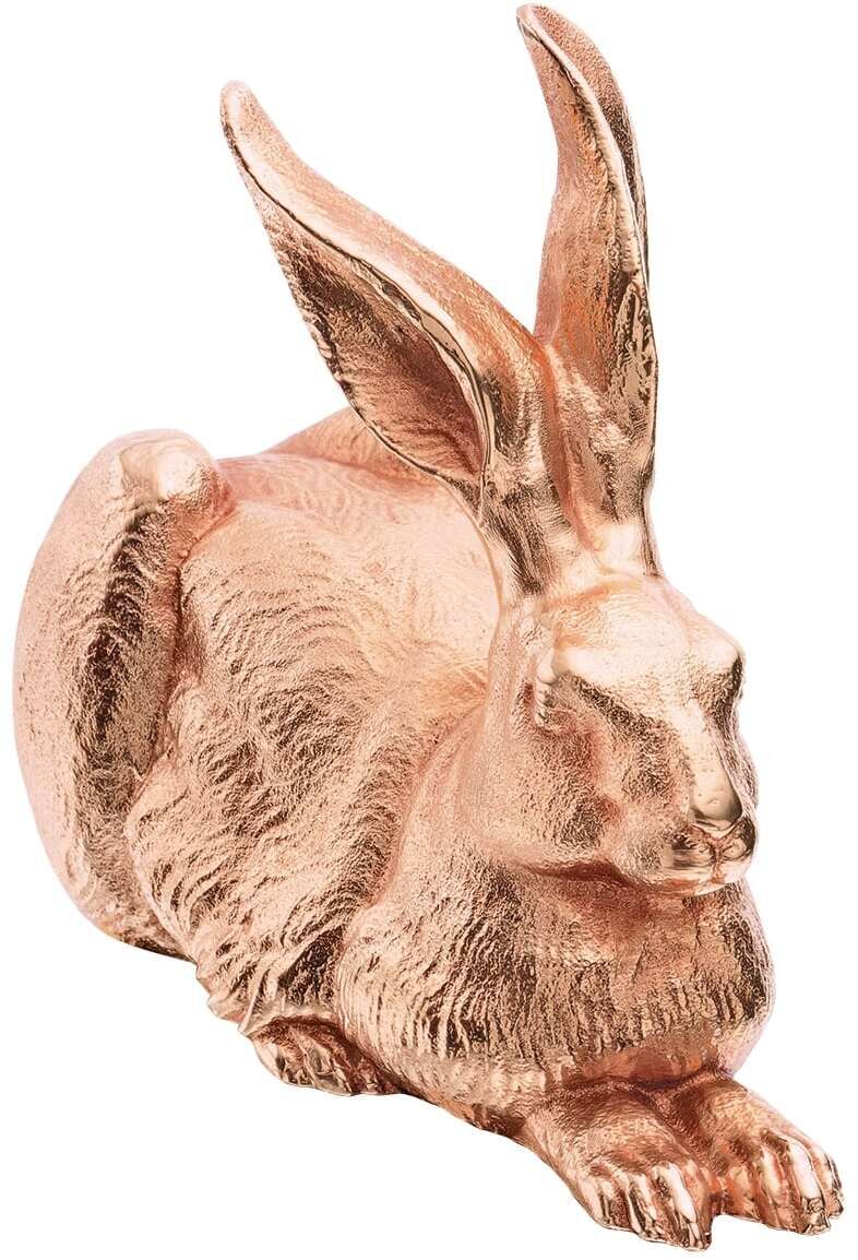 Bronzefarbene Skulptur eines sitzenden Hasen, detailreich und stilisiert. Erstellt von Ottmar Hörl im Jahr 2012, benannt 'Dürer-Hase'.