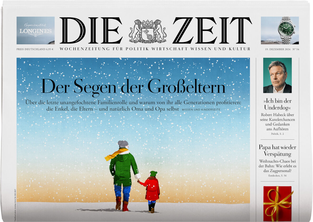 Das Cover der Wochenzeitung DIE ZEIT 54/2024 zeigt eine winterliche Szene mit einem Kind und einem Erwachsenen, die einen verschneiten Weg entlanggehen. Der Himmel ist in hellem Blau gehalten. Rechts oben befindet sich ein Foto einer bekannten Persönlichkeit. Oben in der Mitte steht der Titel 'Der Segen der Großeltern'.