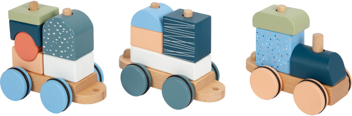 Ein Holzzug im Stil 'Arctic', bestehend aus drei Waggons in verschiedenen Blau-, Grün- und Beigetönen. Jeder Waggon hat Holzräder und unterschiedliche Muster auf den Bausteinen. Das Spielzeug vermittelt einen nachhaltigen und farbenfrohen Eindruck.