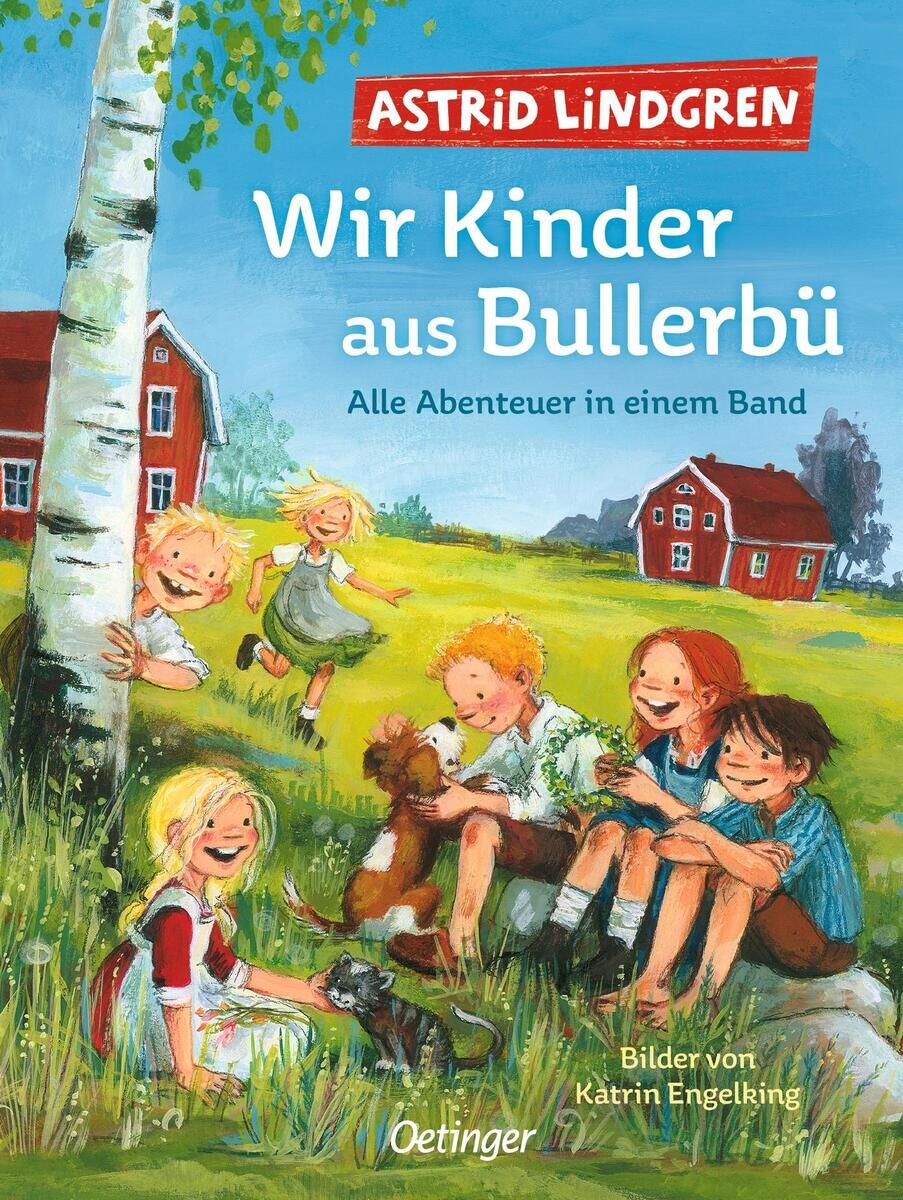 Illustration aus dem Kinderbuch 'Wir Kinder aus Bullerbü' von Astrid Lindgren, zeigt fröhliche Kinder, die im Freien spielen, umgeben von grünen Wiesen und roten Häusern, mit dem Titel und Autorennamen auf dem Cover.