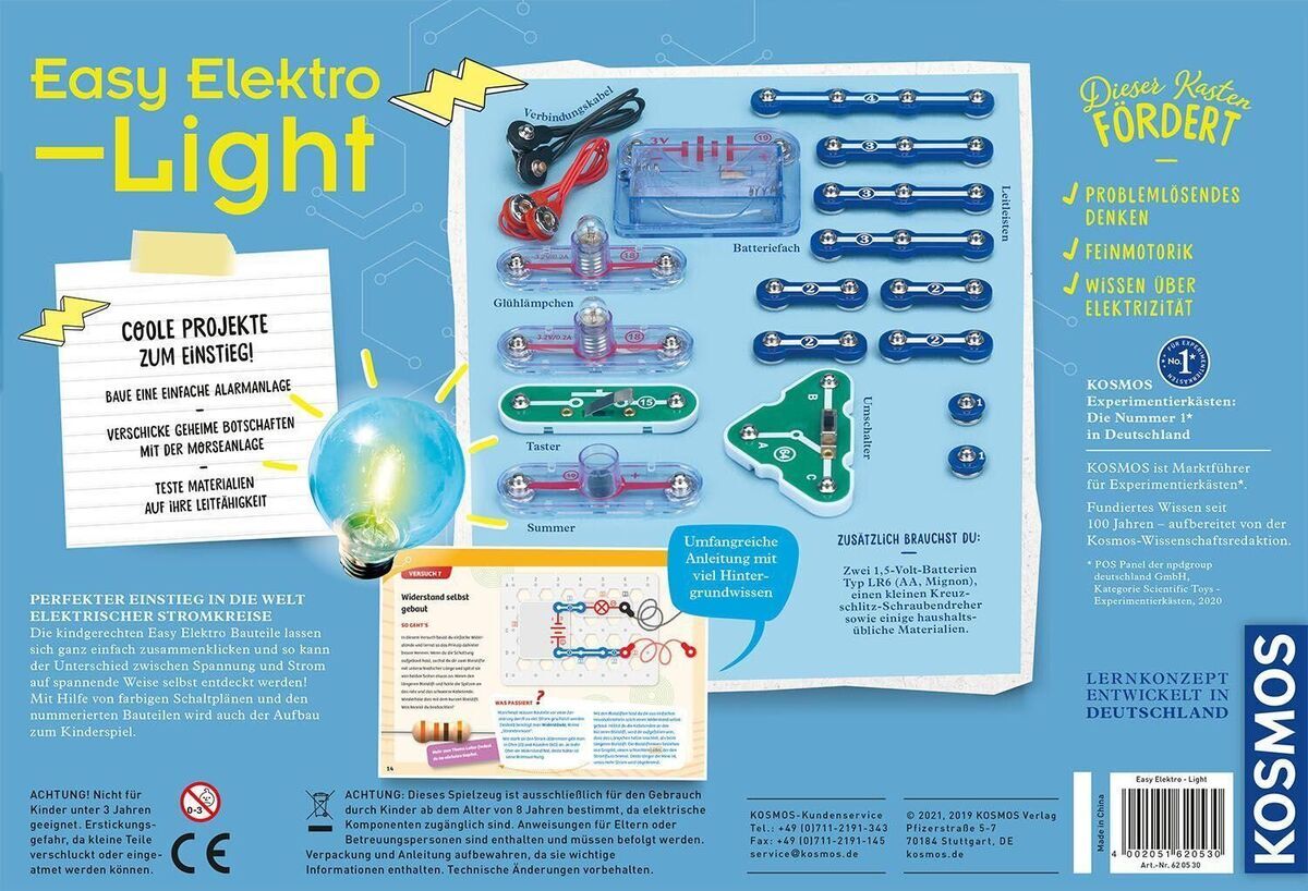 Der Experimentierkasten 'Easy Elektro - Light' von Kosmos zeigt eine Vielzahl an elektronischen Bauteilen und Anleitungen zur Durchführung von Experimenten. Das Set ist in einer blauen Verpackung gehalten mit gelben und weißen Schriftzügen sowie einer illustrativen Glühbirne.