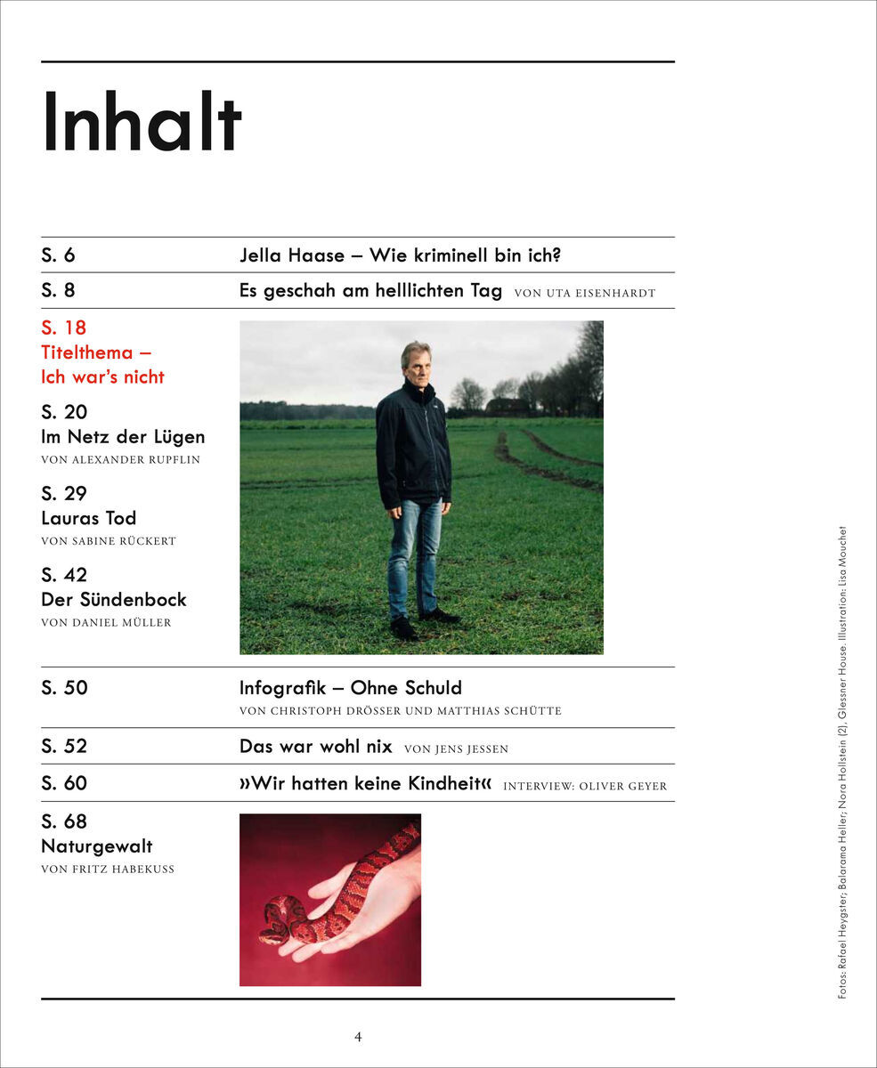 Titelseite des Magazins ZEIT VERBRECHEN 9/21, zeigt eine Inhaltsübersicht, ein Bild einer Frau und ein Landschaftsbild mit einem Mann in der Mitte.