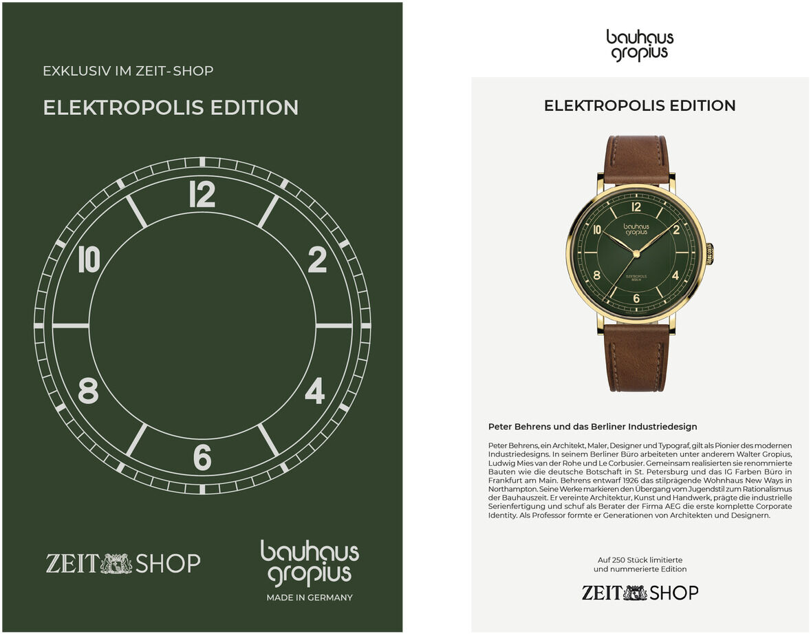Links ein olivgrünes Poster mit Uhrendesign und Schriftzug „ELEKTROPOLIS EDITION“. Rechts ein Flyer mit Foto einer eleganten Uhr mit grünem Zifferblatt und braunem Lederarmband, darunter Informationstext zur Sonderedition von Walter Gropius für den ZEIT-Shop.