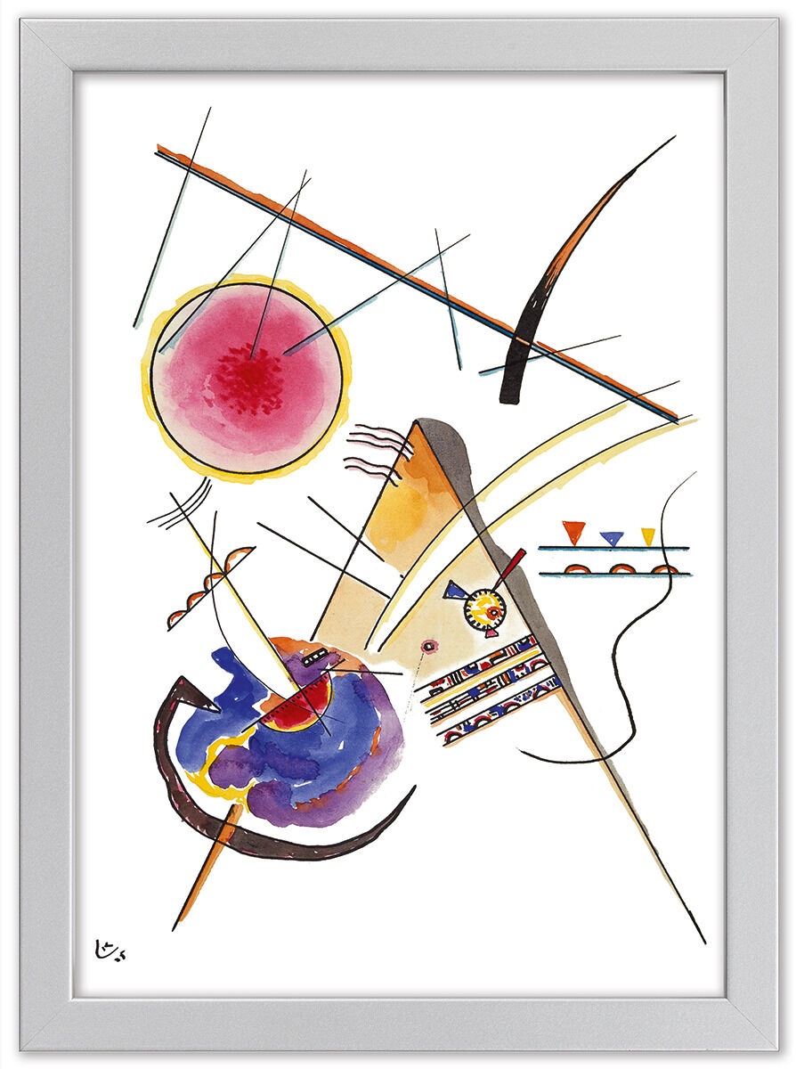 Ein Kunstwerk von Wassily Kandinsky aus einem 4er-Set. Das Bild zeigt eine abstrakte Komposition aus geometrischen Formen und Linien in Weiß, Rot, Blau, Gelb und Schwarz, eingefasst in einem weißen Rahmen.