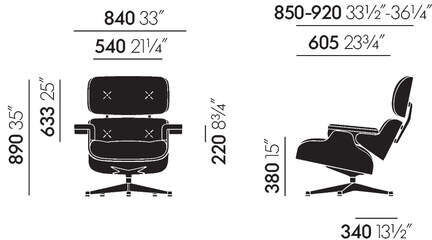 ZEIT Sonderedition Lounge Chair & Ottoman von Vitra. Ein moderner Designer-Loungesessel mit passendem Ottoman, dargestellt in schwarz-weiß auf einer Zeichnung mit Maßangaben.