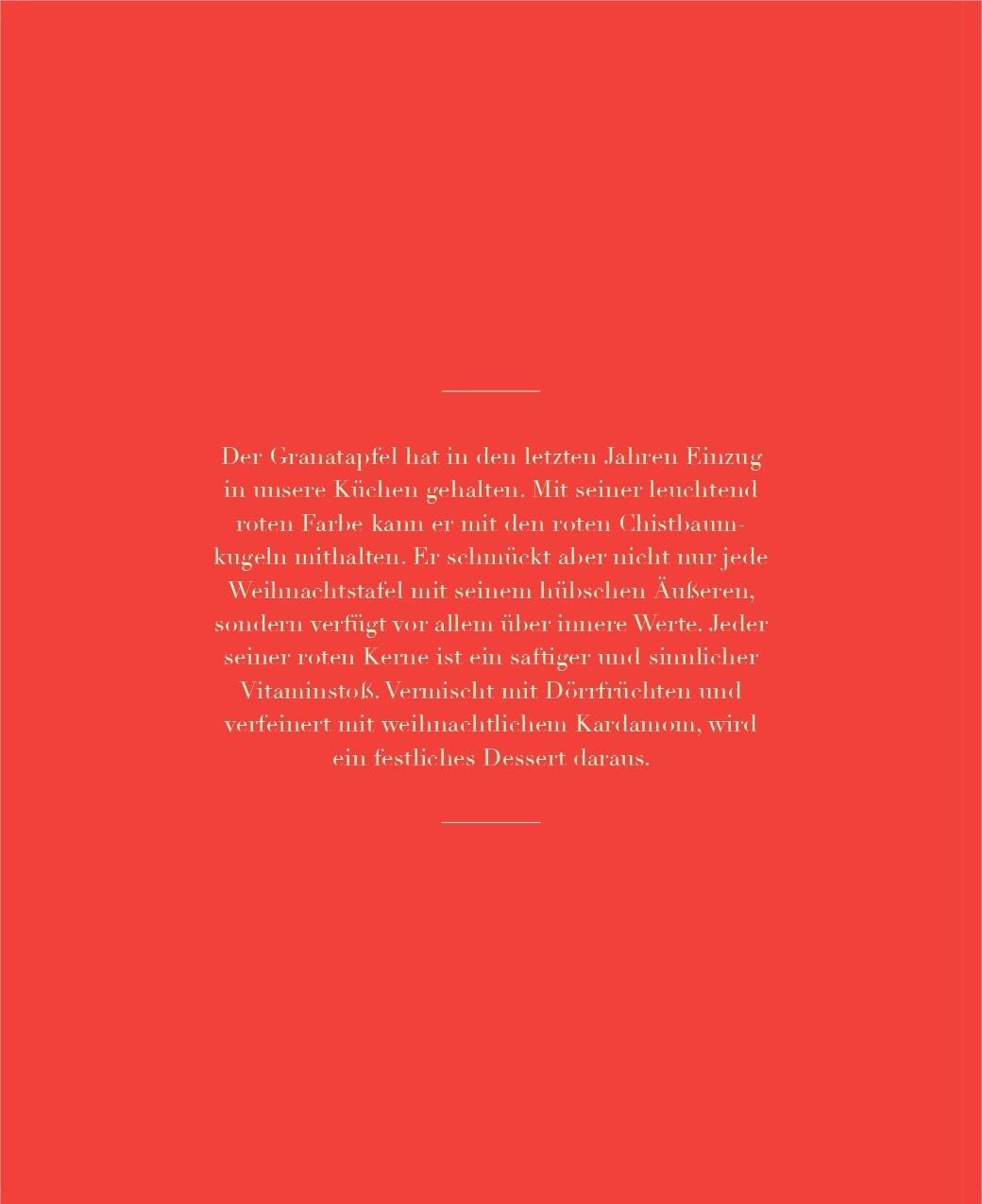 Der Adventskalender »24 Genussmomente« zeigt ein schlichtes, modernes Design mit kräftigem rotem Hintergrund und weißem Text. In der Mitte befindet sich ein Fließtext mit einer Adventsbotschaft. Die Gestaltung wirkt festlich und lädt zum täglichen Öffnen von Überraschungen im Advent ein.