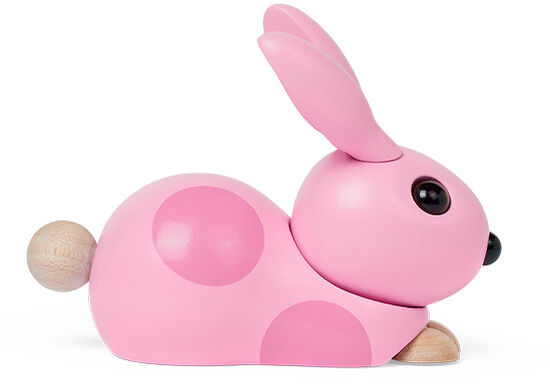 Eine rosa Dekorationsfigur in Form eines Hasen mit Holzdetails und großen schwarzen Augen, geeignet für Frühlings- und Osterdekorationen.