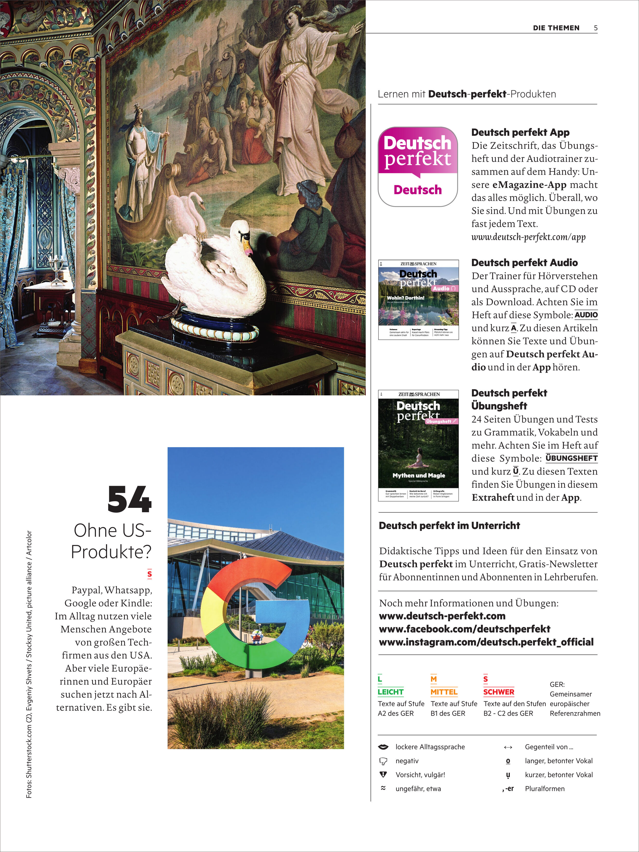 Cover und Seite des Magazins 'Deutsch perfekt' Ausgabe 8/2025 mit kunstvoll gestalteten Illustrationen, darunter ein Raum mit dekorativer Wandmalerei und einer Schwan-Skulptur sowie das große bunte Google-Logo vor moderner Architektur. Informationen zu weiteren Deutsch Perfekt-Produkten sind aufgelistet. Das Magazin ist für Deutschlernende und Bildungsvermittler gestaltet.