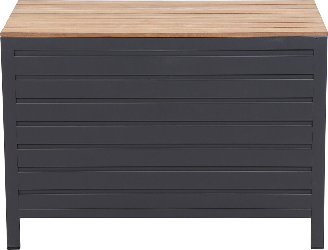 Outdoor-Küchenelement mit niedriger Bauweise, kombiniert aus einer Holzoberfläche und einem anthrazitfarbenen Metallrahmen. Ideal für den Außenbereich.