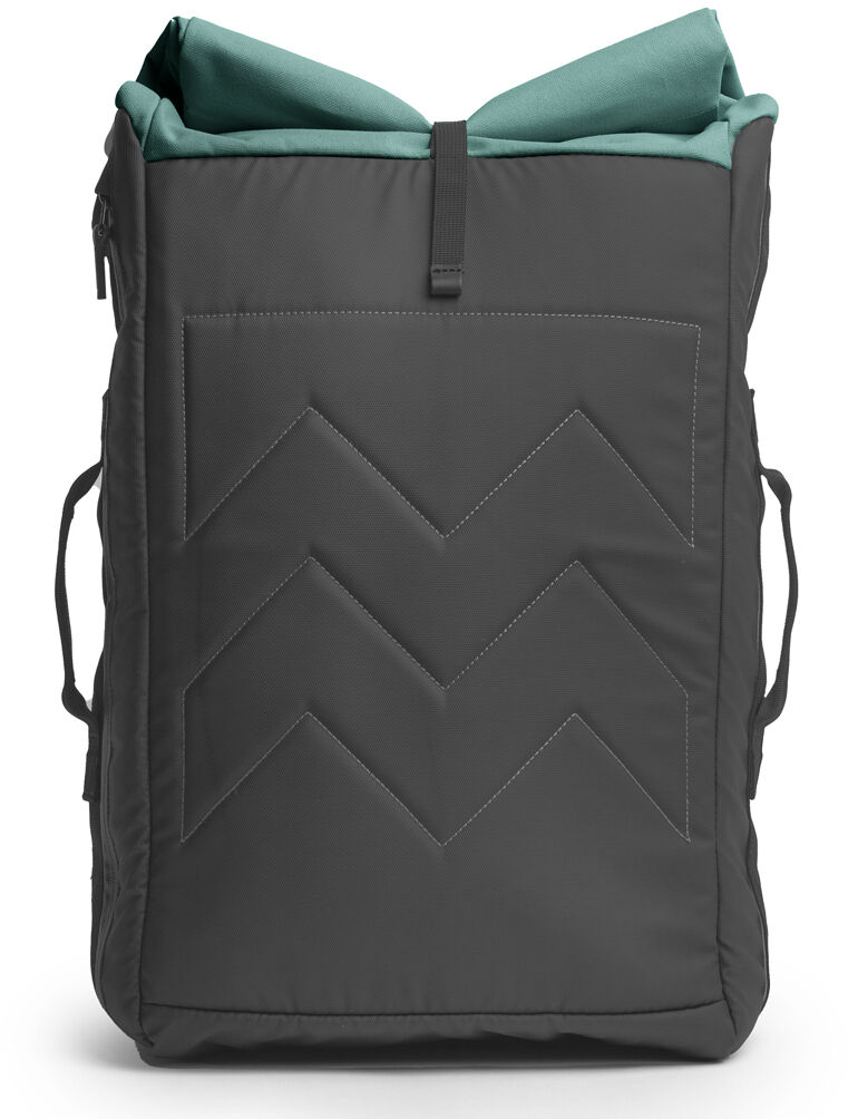 Ein kompakter Rucksack/Duffle mit schwarzen Äußeren und türkisfarbenem Innenfutter. Ideal für Reisen, Sport und tägliche Nutzung. Robuste und stilvolle Gestaltung.