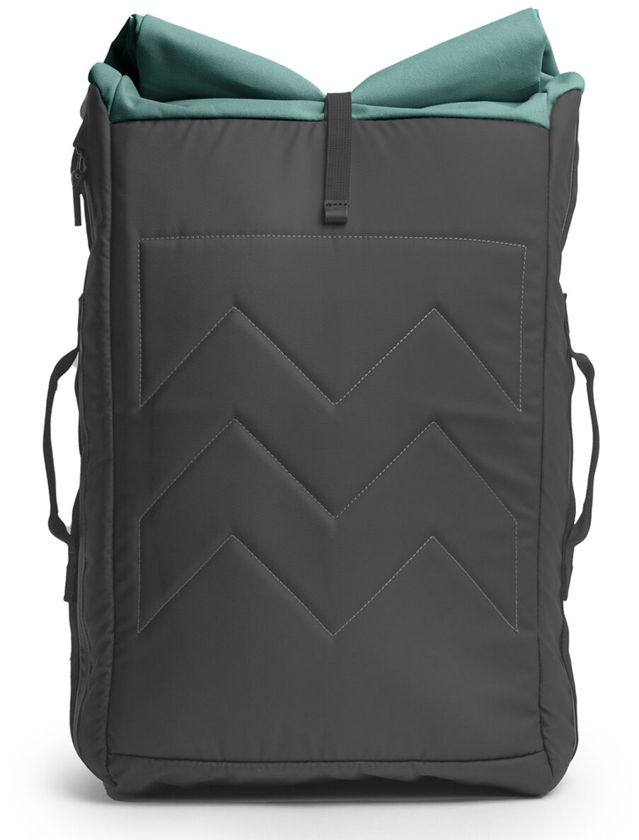 Ein kompakter Rucksack/Duffle mit schwarzen Äußeren und türkisfarbenem Innenfutter. Ideal für Reisen, Sport und tägliche Nutzung. Robuste und stilvolle Gestaltung.