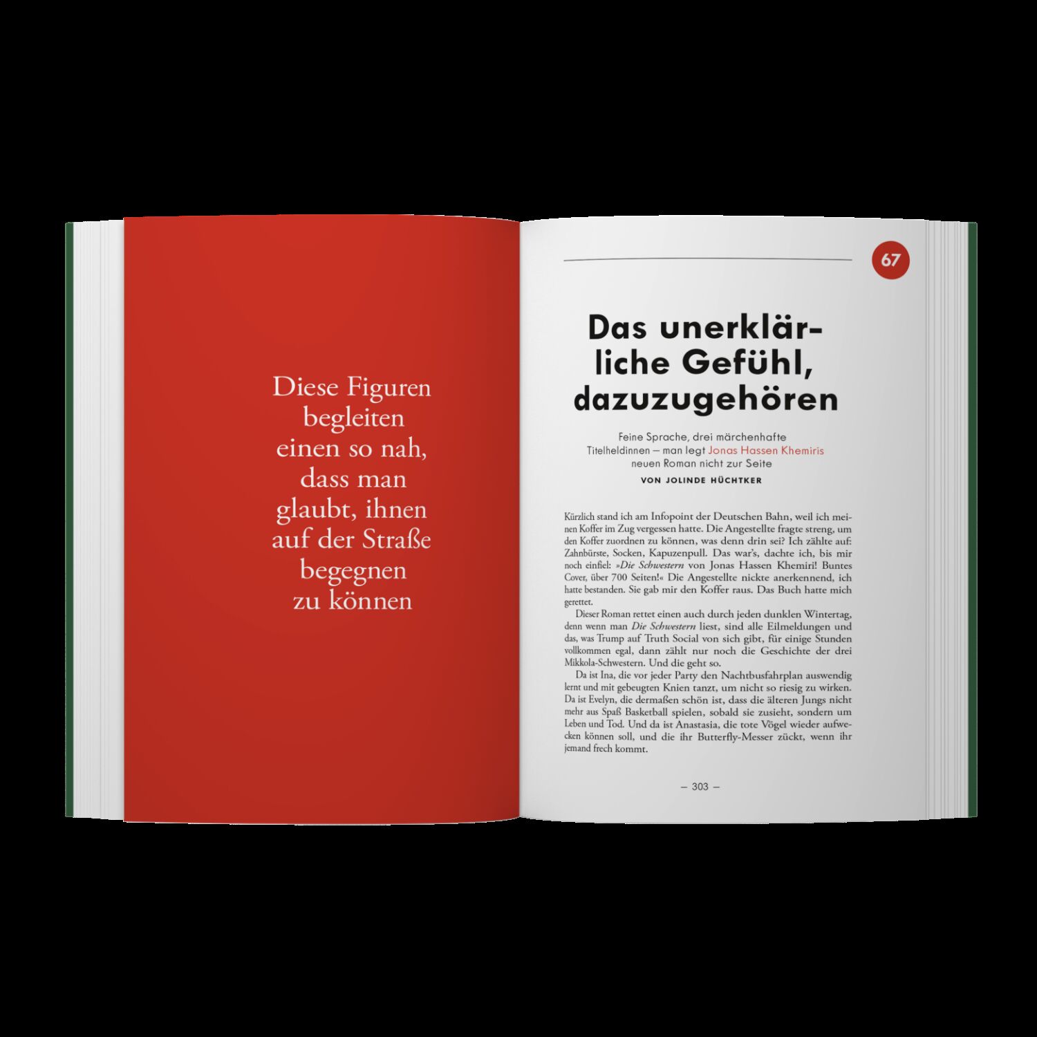 Das Bild zeigt eine Doppelseite aus dem ZEIT-Edition »Bücherkompass«. Die linke Seite ist vollflächig rot mit weißem Text: „Diese Figuren begleiten einen so nah, dass man glaubt, ihnen auf der Straße begegnen zu können.“ Die rechte Seite enthält einen Textabschnitt mit Überschrift, fortlaufendem Text und Seitenzahl.