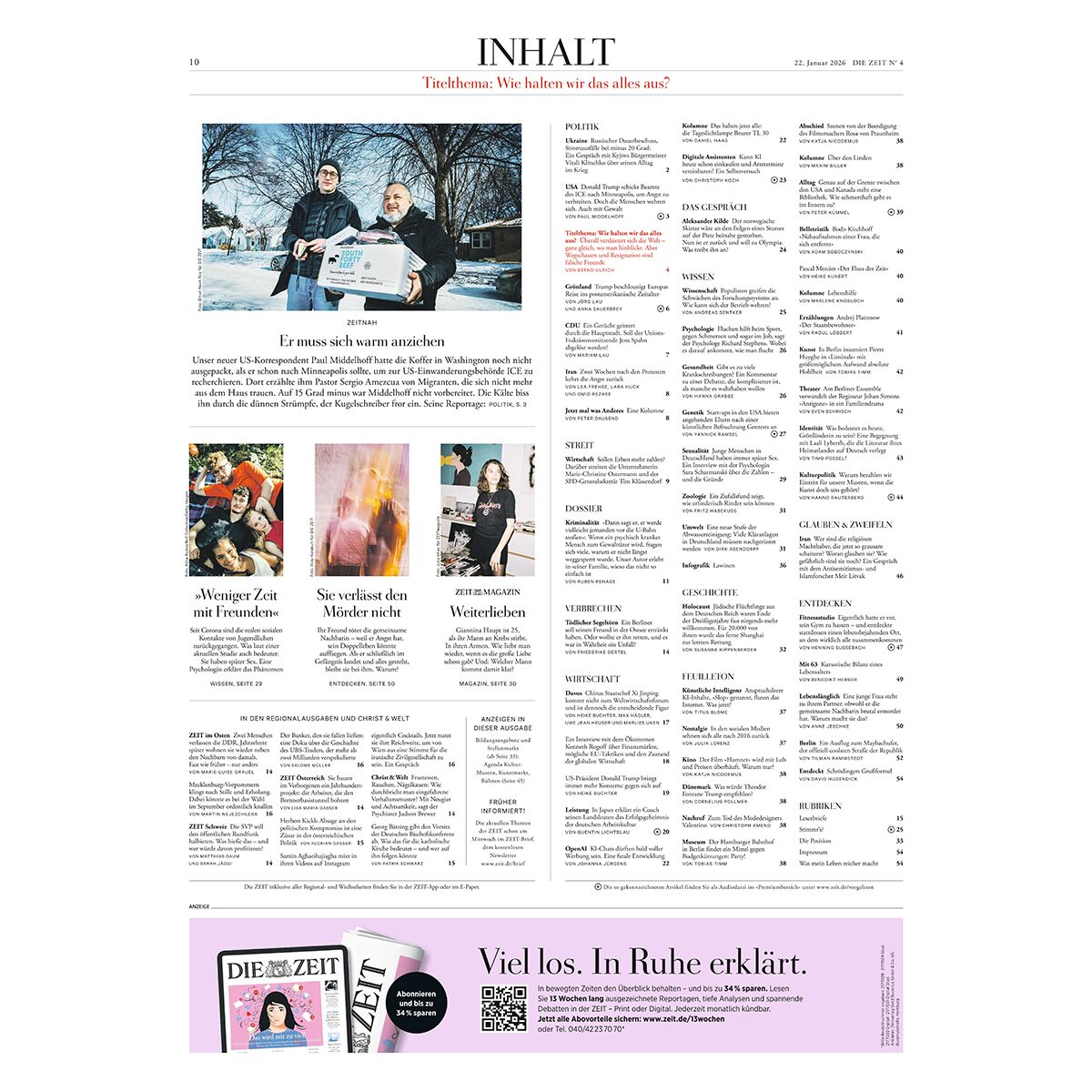 Detaillierte Inhaltsseite der Wochenzeitung DIE ZEIT 04/2026 mit klar gegliederter Struktur: Oben der Titel INHALT, darunter Artikelübersicht mit Vorschaubildern im linken Bereich, mittig und rechts eine tabellarische Auflistung aller Rubriken wie Politik, Wissen und Kultur. Unten Werbung für DIE ZEIT-Abo.