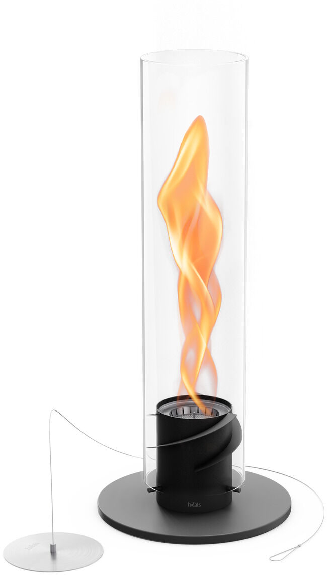 Das Bild zeigt das Tischfeuer SPIN 900. Es besteht aus einem schwarzen Sockel und einer gläsernen Röhre, die eine große, orangefarbene Flamme umgibt. Ein elegantes und modernes Design sorgt für eine gemütliche Atmosphäre, sowohl im Innen- als auch im Außenbereich.