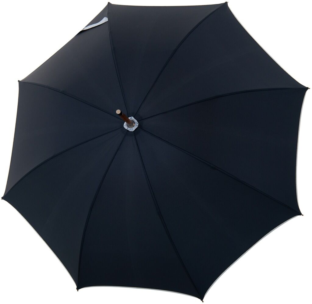 Ein großer, dunkelblauer Regenschirm Modell »Norfolk Oxford«, geöffnet, mit robustem Gestell und elegantem Design.