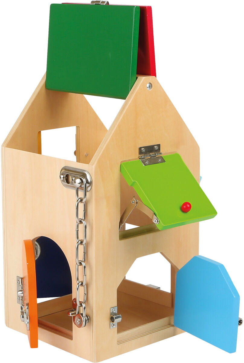 Motorikspielzeug in Form eines Schlosshauses aus Holz mit verschiedenen bunten Türen und Schlössern, das Lern- und Spielmöglichkeiten für Kinder bietet.