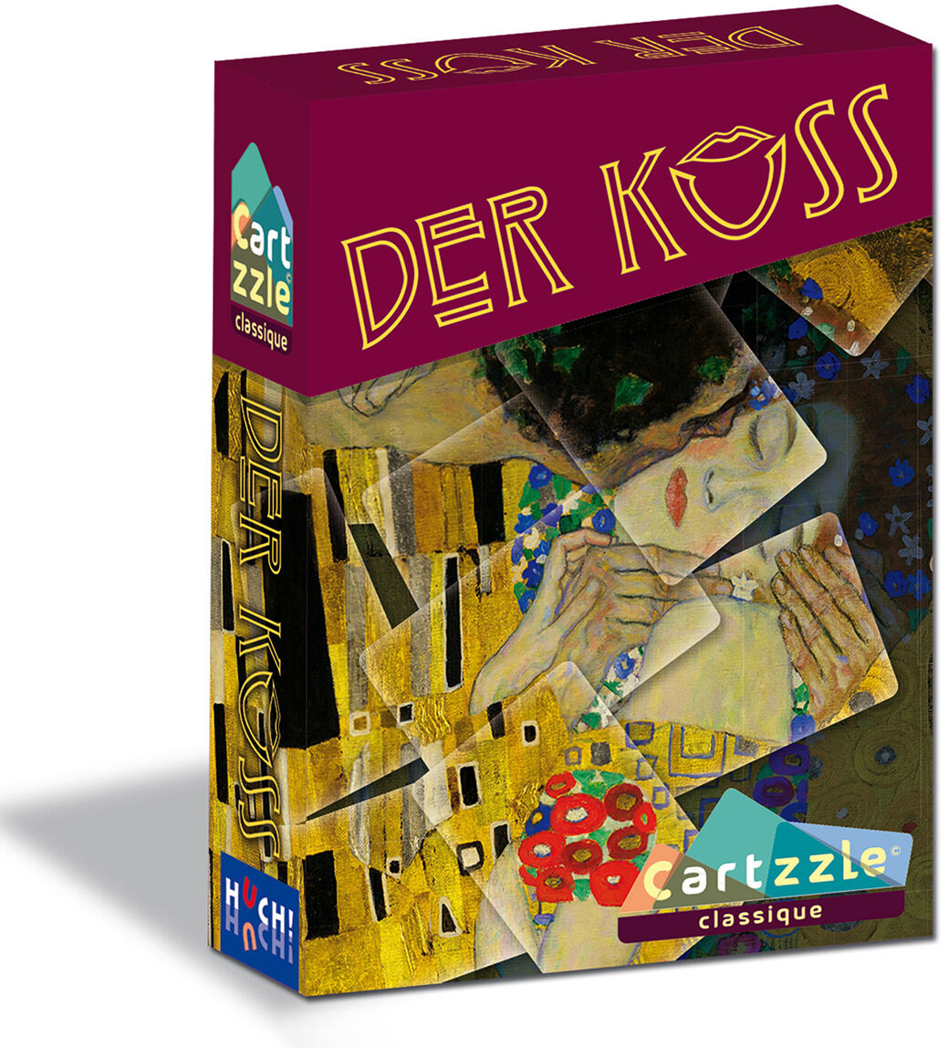 Packung eines Puzzlesets mit einem Kunstmotiv von Friedensreich Hundertwasser. Der Titel 'Der Kuss' ist oben in markanten Buchstaben abgebildet. Die Verpackung zeigt lebendige Farben und ein detailliertes Kunstwerk mit geometrischen Formen und organischen Details.