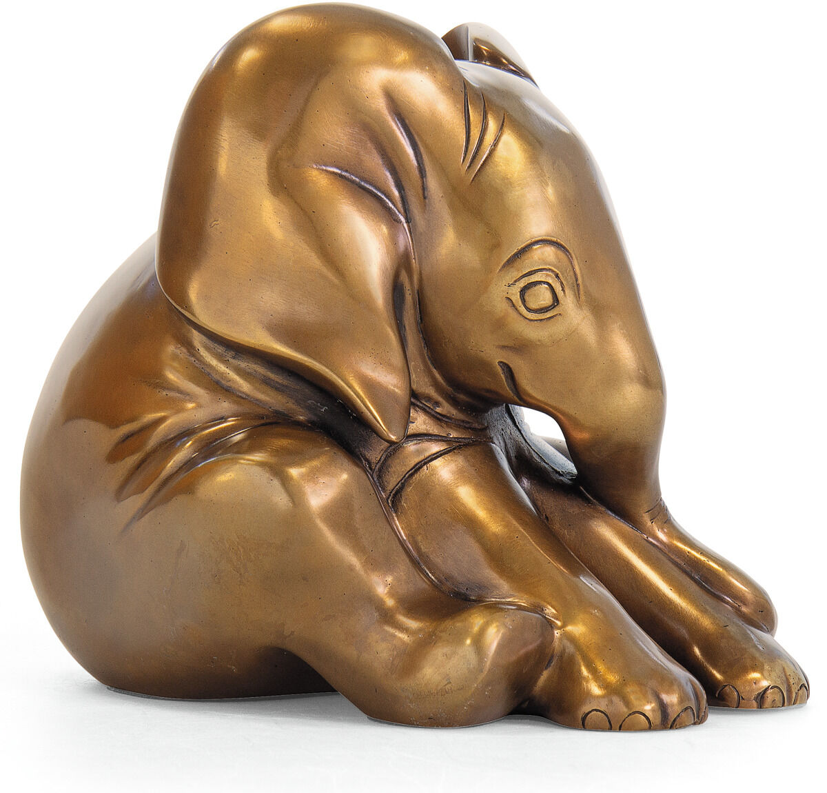 Kleine Elefantenfigur aus Bronze von Jagna Weber, sitzend und kunstvoll gestaltet. Die Figur hat eine glänzende bronzefarbene Oberfläche.