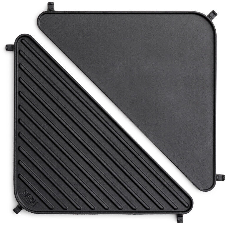 »CUBE« Plancha - zweiteilige, dreieckige Gusseisen-Grill- und Kochplatte. Eignet sich ideal zum Grillen und Braten bei hohen Temperaturen.
