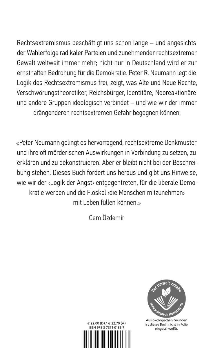 Das Bild zeigt die Rückseite des Buches 'Logik der Angst' von Peter Neumann. Der Text auf dem Cover beschreibt das Thema des Buches: Rechtsextremismus und seine Auswirkungen auf die Demokratie. Ein Zitat von Cem Özdemir ist ebenfalls vorhanden. Das Farbdesign ist schlicht in Weiß, Schwarz und Grau gehalten.