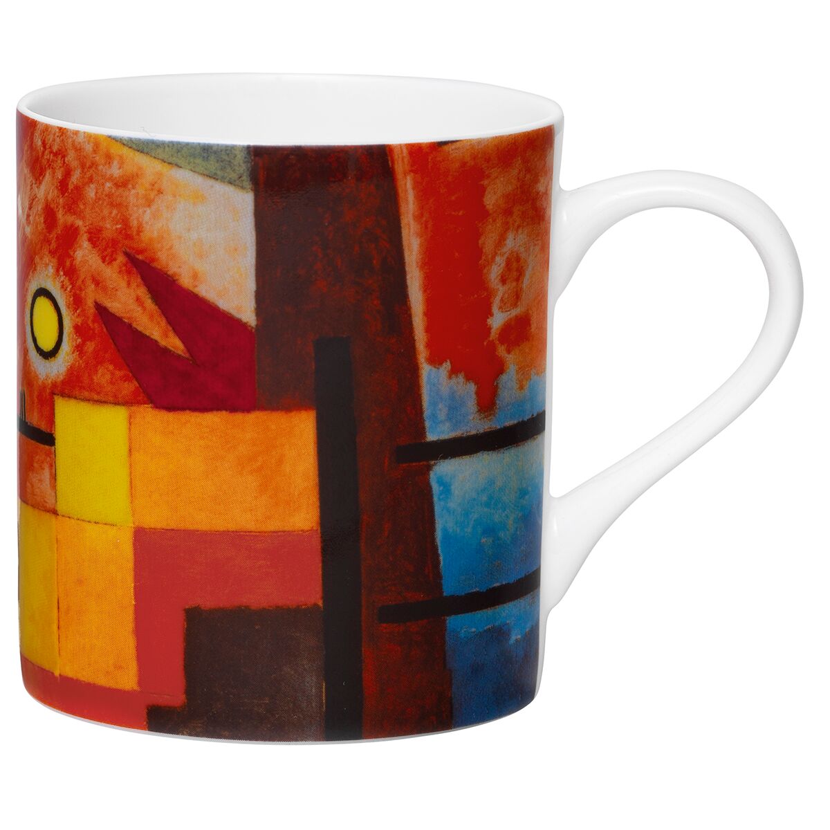 Auf dem Bild ist eine Porzellantasse von Ars mundi mit einem abstrakten Kunstmotiv von Wassily Kandinsky zu sehen. Das Dekor zeigt leuchtende Farben wie Rot, Gelb, Blau und Schwarz in geometrischen Formen und starken Kontrasten, inspiriert vom Werk "Gelb - Rot - Blau".