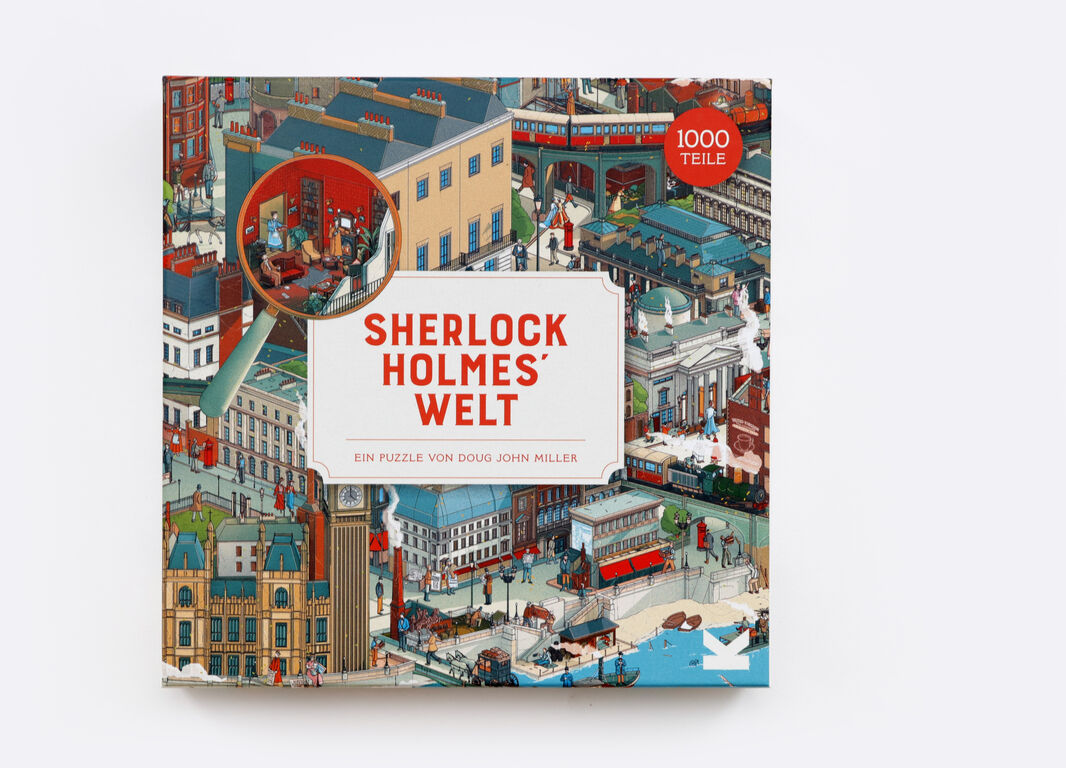 Puzzle 'Shakespeares Welt' mit 1000 Teilen. Detailreiche Illustrationen zeigen Szenen und Charaktere aus den Werken von William Shakespeare in leuchtenden Farben wie Blau, Rot, Beige, Braun und Weiß.