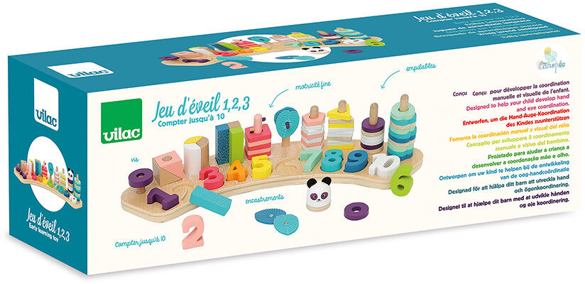 Bild einer Spielzeugbox mit 'Zahlenlernspiel', die bunte Holzklötze mit Ziffern und Formen enthält. Das Spielzeug ist für Kinder zur Förderung der Zählfertigkeiten und Motorik gedacht.