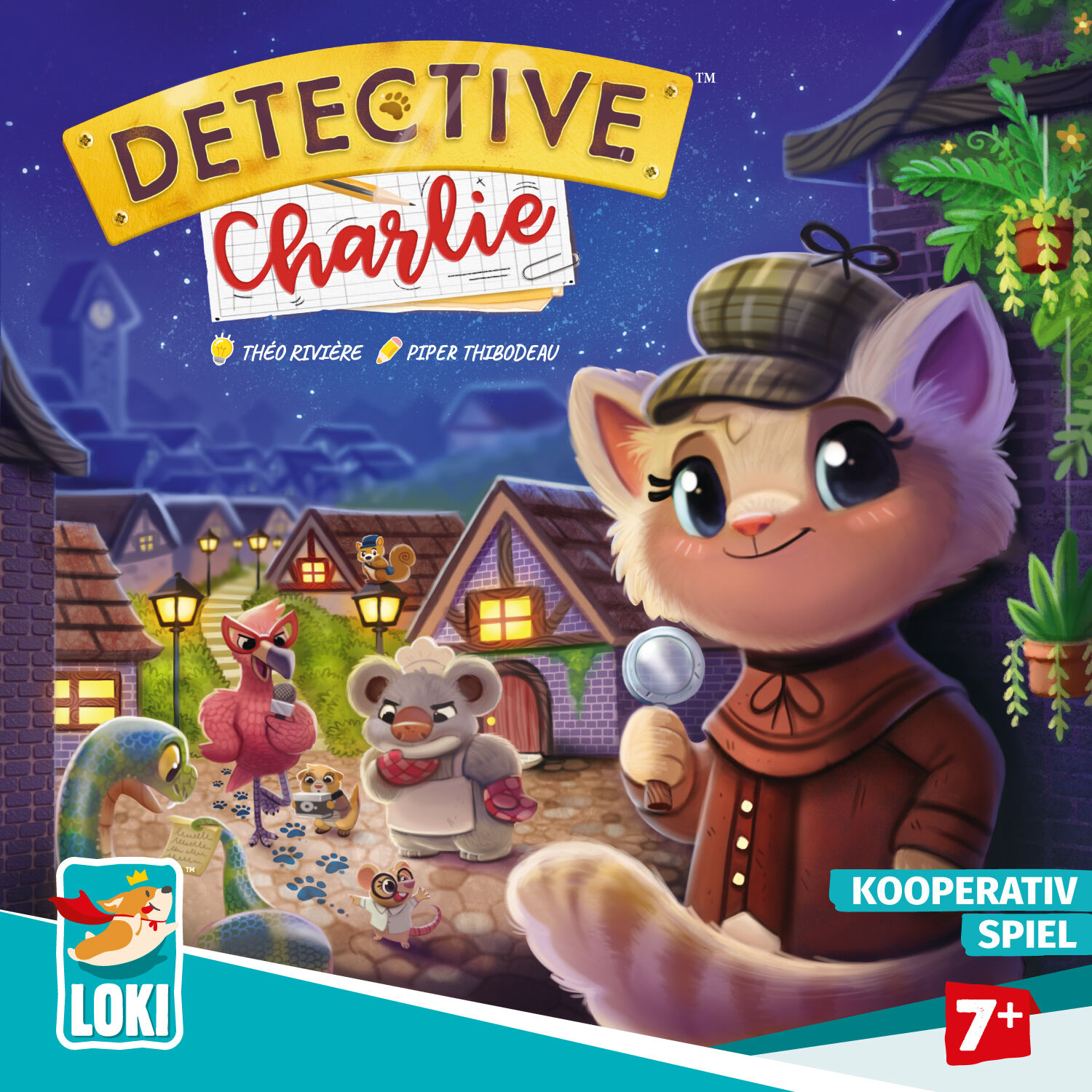 Das Bild zeigt die Verpackung des Kinderspiels 'Detective Charlie'. Im Vordergrund ist eine fröhliche Katzenfigur als Detektiv mit Vergrößerungsglas und kariertem Detektivhut zu sehen. Im Hintergrund befindet sich ein kleines Dorf bei Nacht mit weiteren tierischen Charakteren und Häusern. Auf der Verpackung ist das Logo von LOKI sowie der Hinweis 'Kooperativ Spiel, ab 7 Jahren' abgebildet.