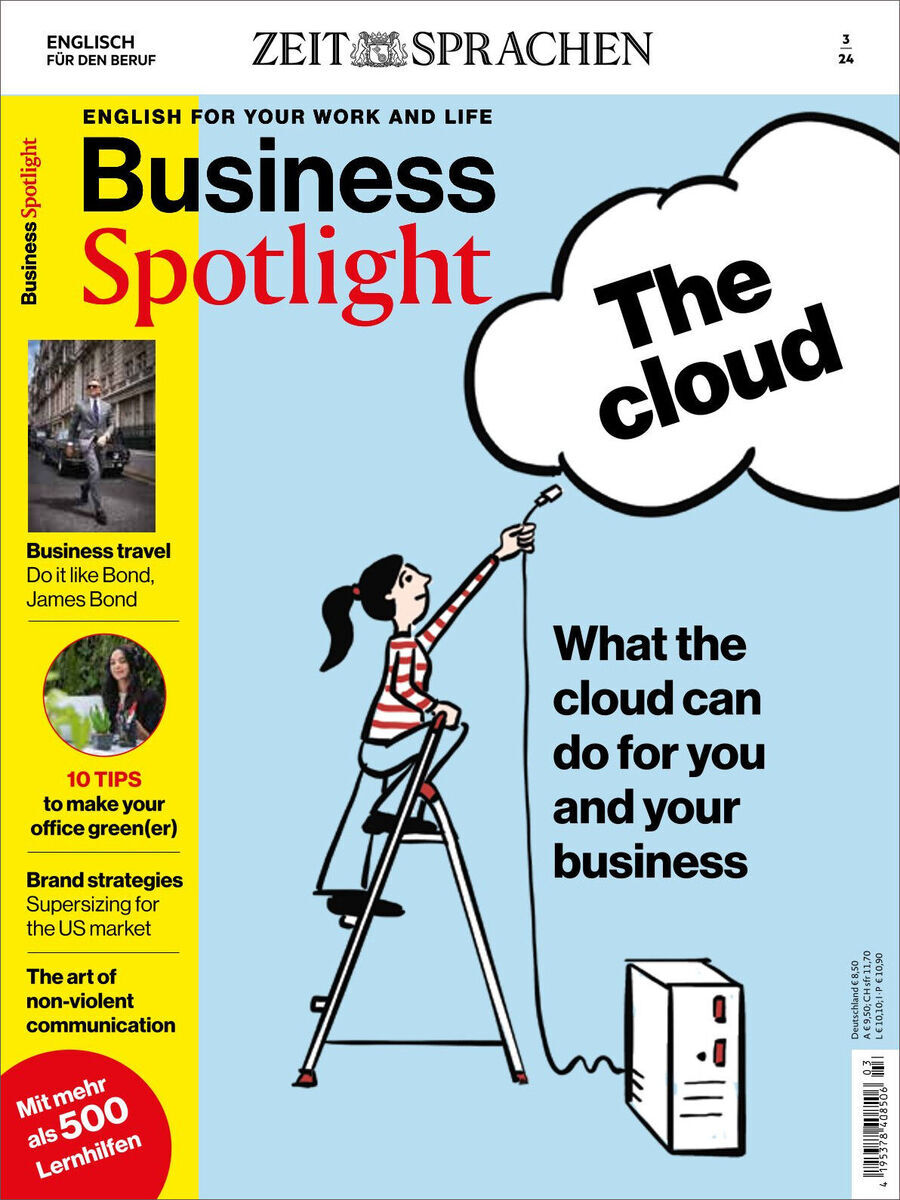 Titelblatt der Zeitschrift 'Business Spotlight Magazin 03/2024', das eine Frau zeigt, die auf einer Leiter steht und eine Sprechblase mit dem Text 'The cloud' an die Wand malt. Oben links ist ein Foto von James Bond mit dem Text 'Business travel: Do it like Bond. James Bond'. Unten links sind Tipps 'Office Tipps' aufgeführt.