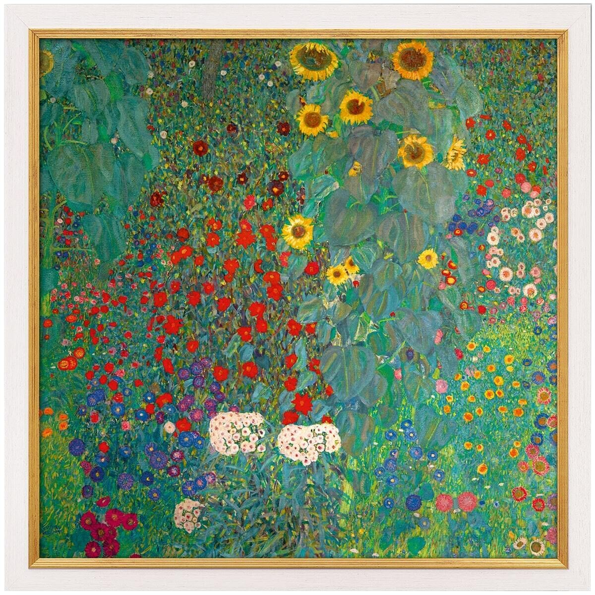 Ein Gemälde von Gustav Klimt mit dem Titel 'Bauerngarten mit Sonnenblumen' aus dem Jahr 1907. Das Bild zeigt eine üppige, farbenfrohe Blumenwiese mit Sonnenblumen, Mohnblumen, und anderen Blumenarten in verschiedenen Farben, gefüllt mit Grüntönen und gesäumt von leuchtendem Rot, Gelb, Blau, Weiß und Pink.